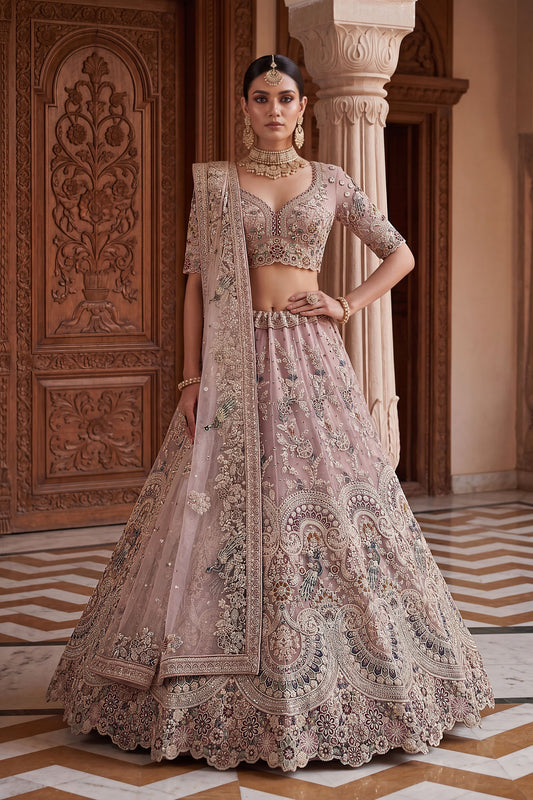 Elegant Dusty Pink Net Wedding Lehenga Choli with Embroidery Work for Women