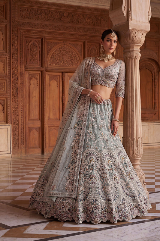 Exclusive Sky Blue Net Wedding Lehenga Choli with Embroidery Work for Women