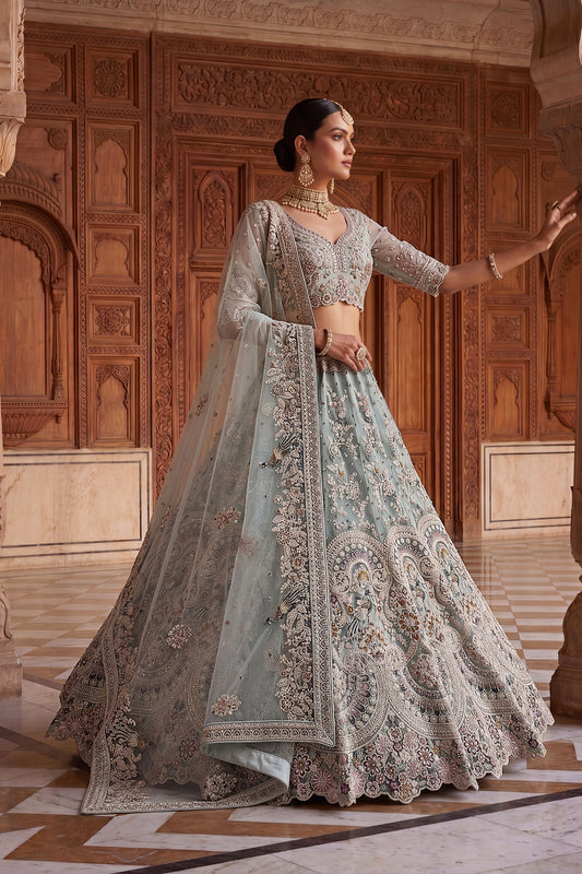 Exclusive Sky Blue Net Wedding Lehenga Choli with Embroidery Work for Women