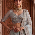 Exclusive Sky Blue Net Wedding Lehenga Choli with Embroidery Work for Women
