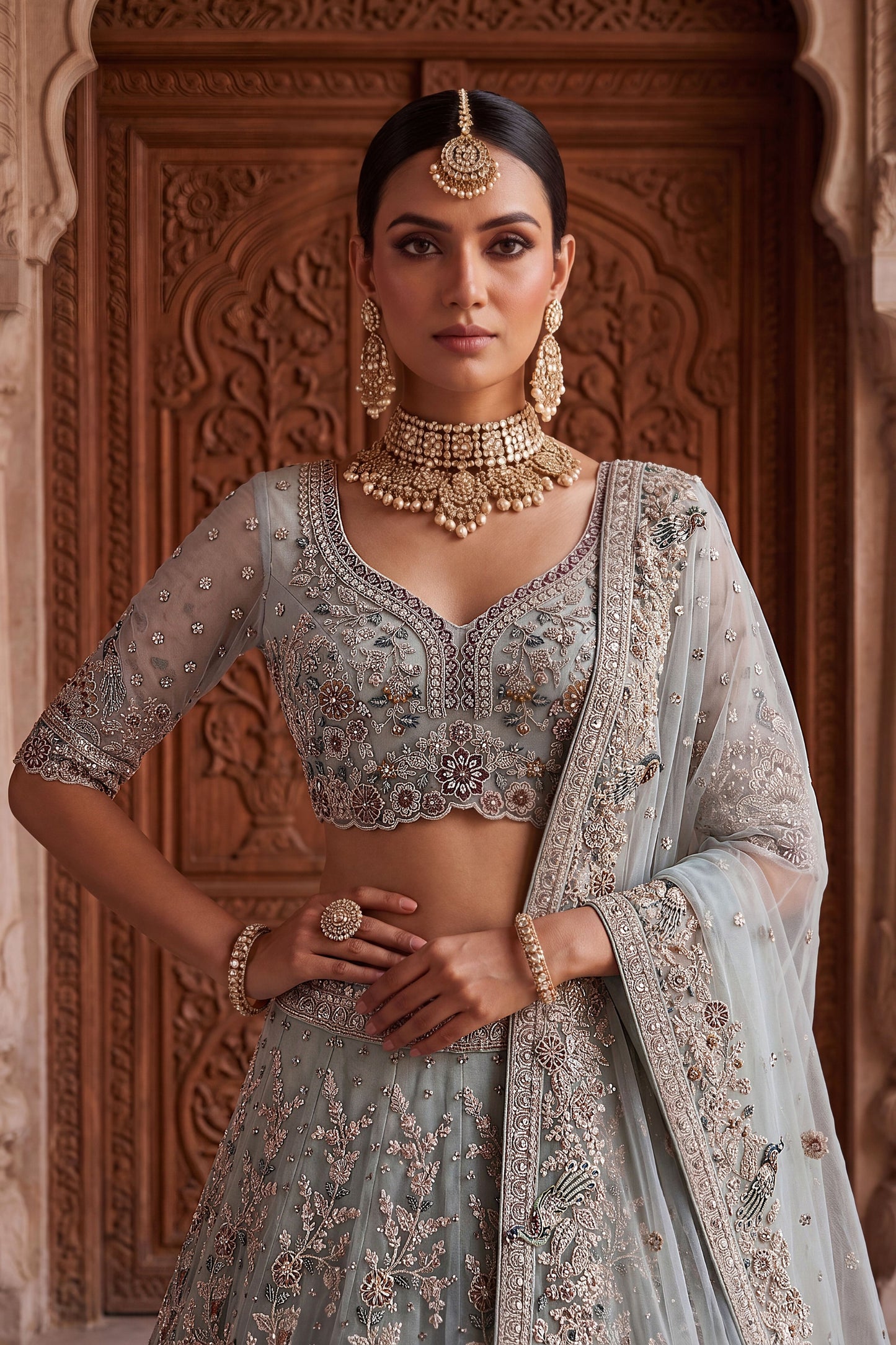 Exclusive Sky Blue Net Wedding Lehenga Choli with Embroidery Work for Women