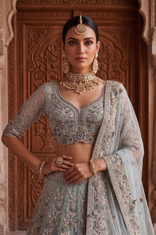 Exclusive Sky Blue Net Wedding Lehenga Choli with Embroidery Work for Women
