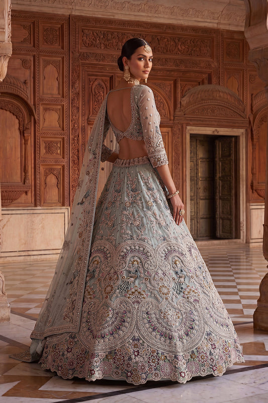 Exclusive Sky Blue Net Wedding Lehenga Choli with Embroidery Work for Women