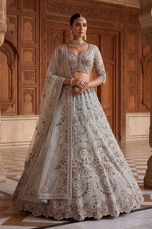 Exclusive Sky Blue Net Wedding Lehenga Choli with Embroidery Work for Women