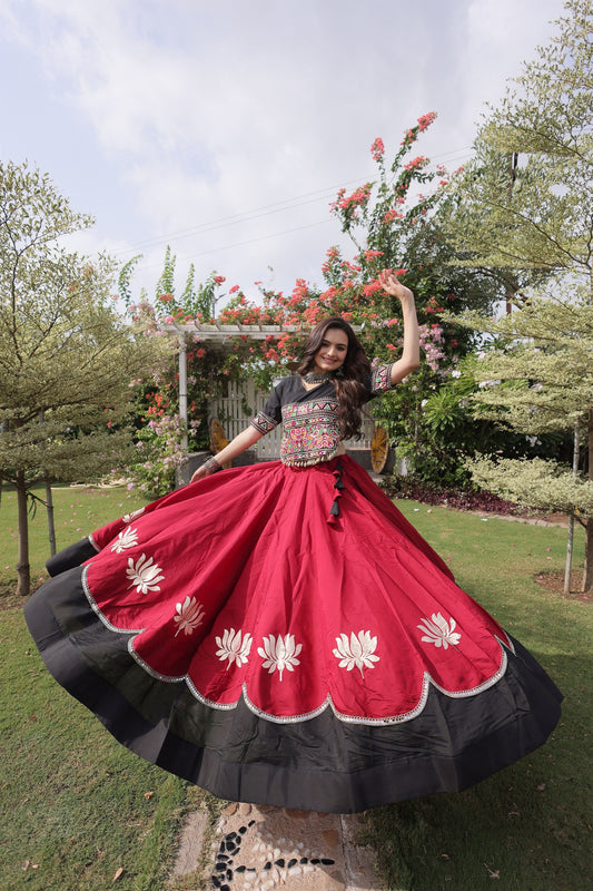 Stylish Black and Maroon Roman Silk Navratri Lehenga Choli with Kutchi Gamthi Embroidery Work