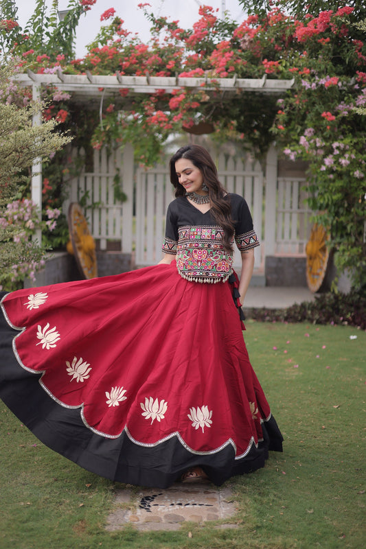 Stylish Black and Maroon Roman Silk Navratri Lehenga Choli with Kutchi Gamthi Embroidery Work