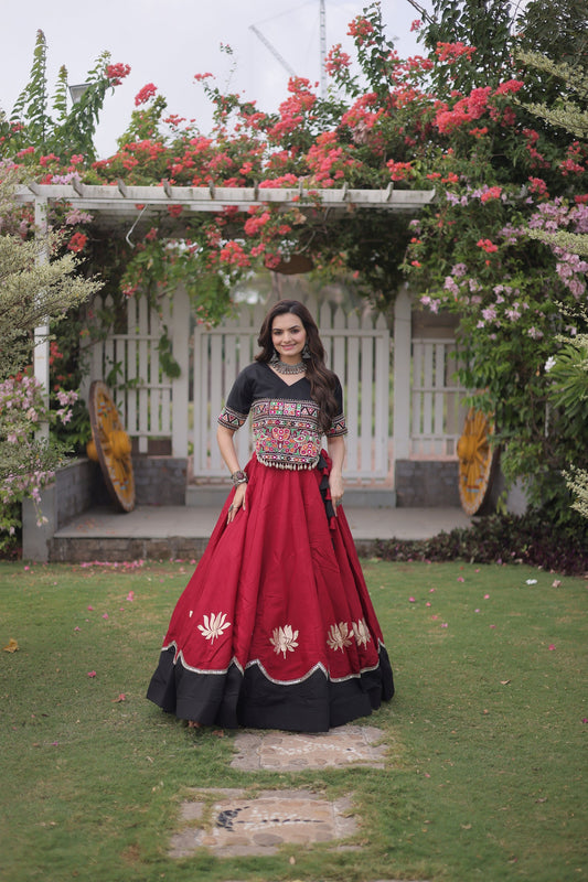 Stylish Black and Maroon Roman Silk Navratri Lehenga Choli with Kutchi Gamthi Embroidery Work