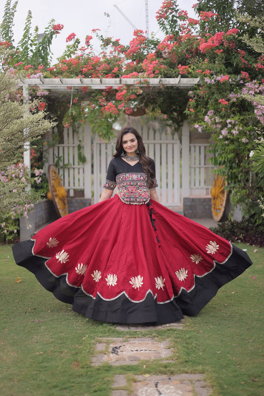 Stylish Black and Maroon Roman Silk Navratri Lehenga Choli with Kutchi Gamthi Embroidery Work