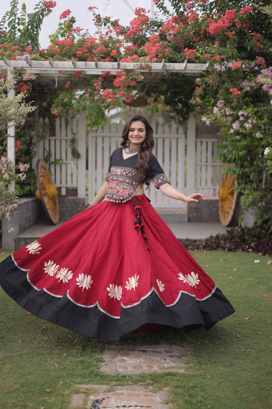 Stylish Black and Maroon Roman Silk Navratri Lehenga Choli with Kutchi Gamthi Embroidery Work