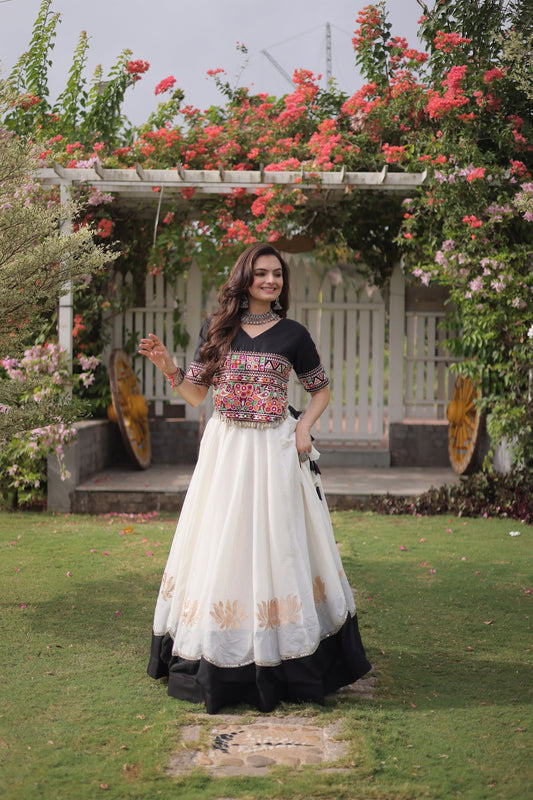 Elegant Black and White Roman Silk Navratri Lehenga Choli with Kutchi Gamthi Embroidery Work