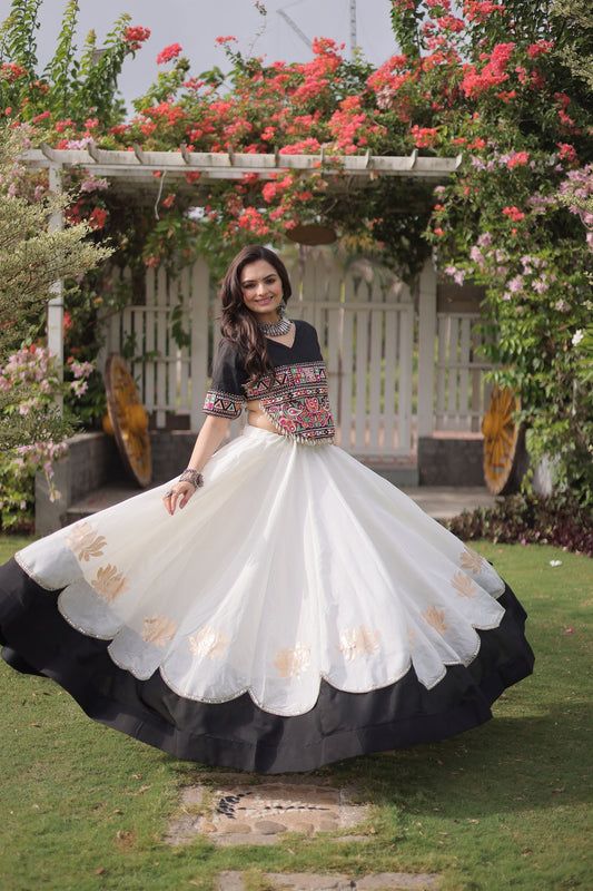 Elegant Black and White Roman Silk Navratri Lehenga Choli with Kutchi Gamthi Embroidery Work