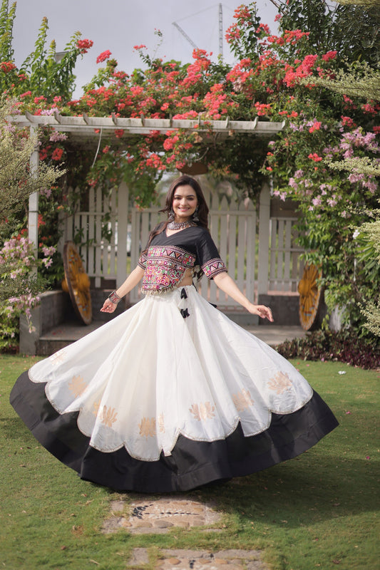 Elegant Black and White Roman Silk Navratri Lehenga Choli with Kutchi Gamthi Embroidery Work