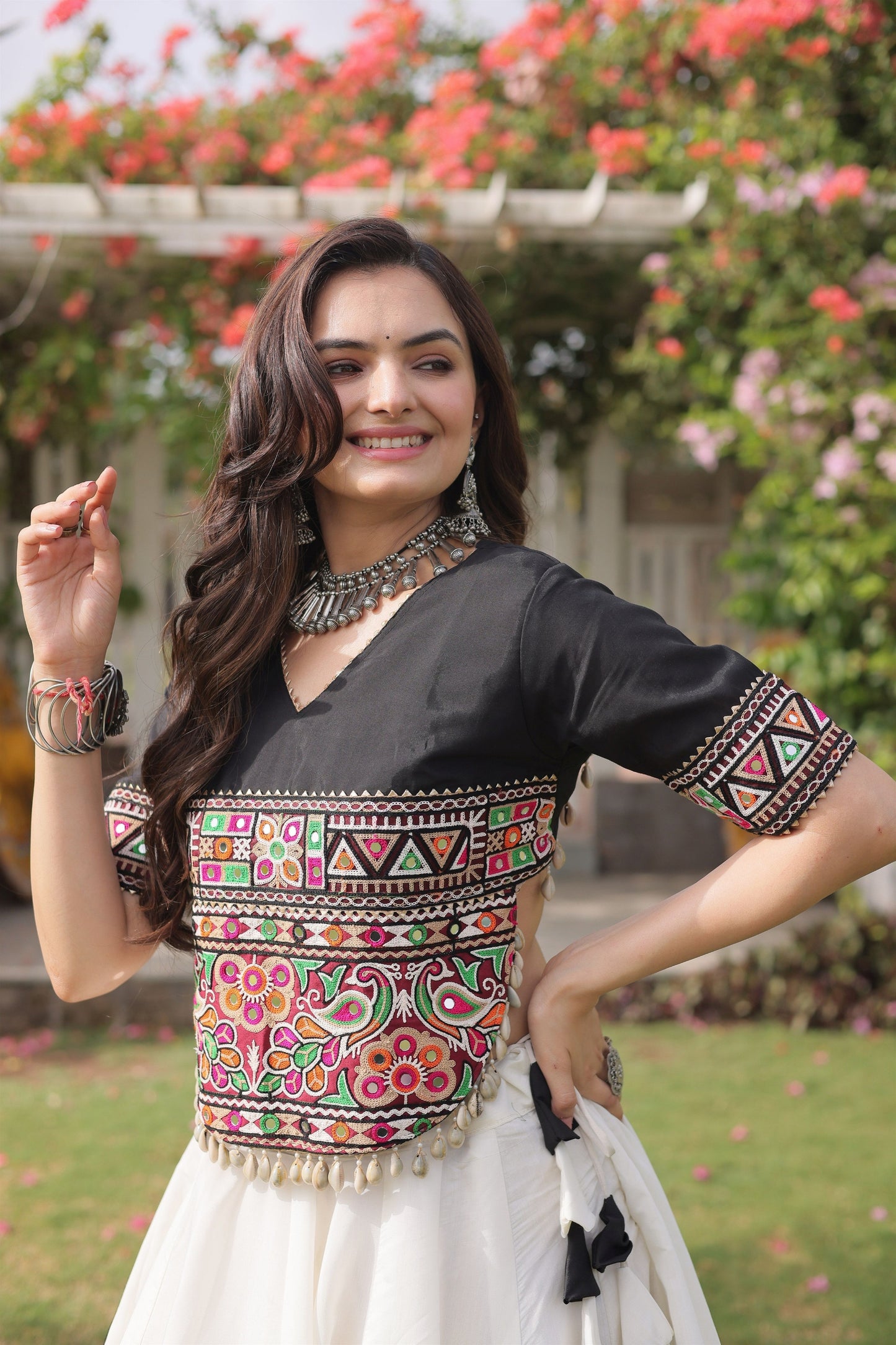 Elegant Black and White Roman Silk Navratri Lehenga Choli with Kutchi Gamthi Embroidery Work