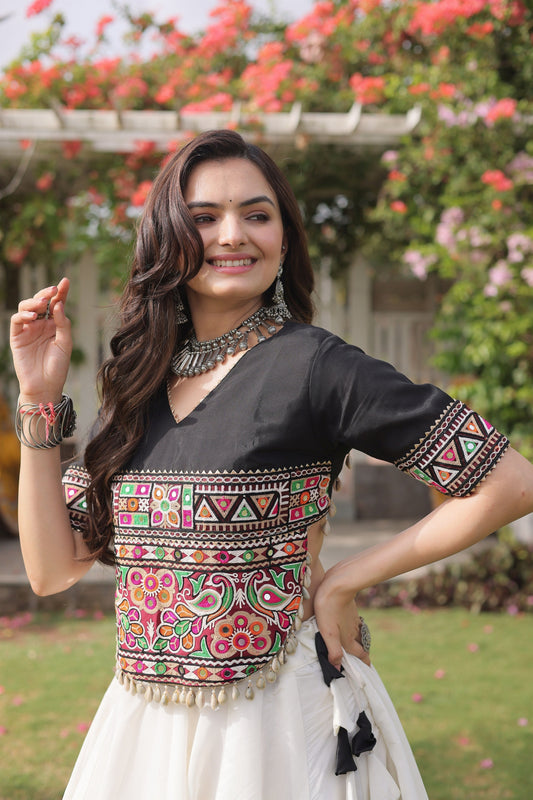 Elegant Black and White Roman Silk Navratri Lehenga Choli with Kutchi Gamthi Embroidery Work