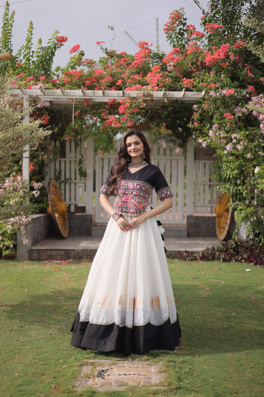 Elegant Black and White Roman Silk Navratri Lehenga Choli with Kutchi Gamthi Embroidery Work
