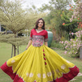 Vibrant Mustard Yellow and Maroon Roman Silk Navratri Lehenga Choli with Kutchi Gamthi Embroidery Work