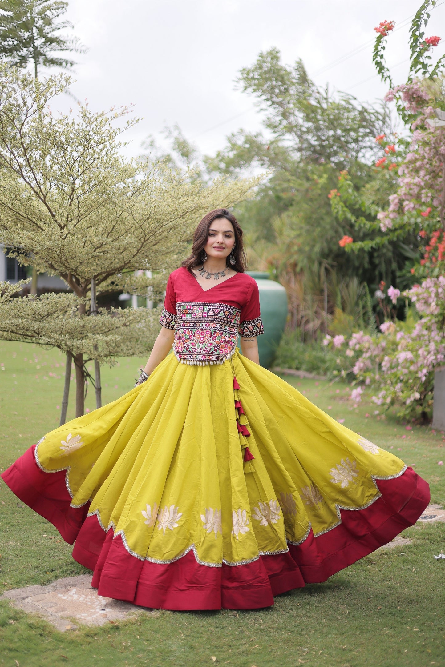 Vibrant Mustard Yellow and Maroon Roman Silk Navratri Lehenga Choli with Kutchi Gamthi Embroidery Work