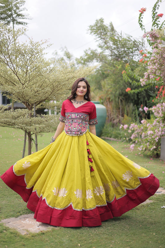 Vibrant Mustard Yellow and Maroon Roman Silk Navratri Lehenga Choli with Kutchi Gamthi Embroidery Work