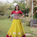 Vibrant Mustard Yellow and Maroon Roman Silk Navratri Lehenga Choli with Kutchi Gamthi Embroidery Work