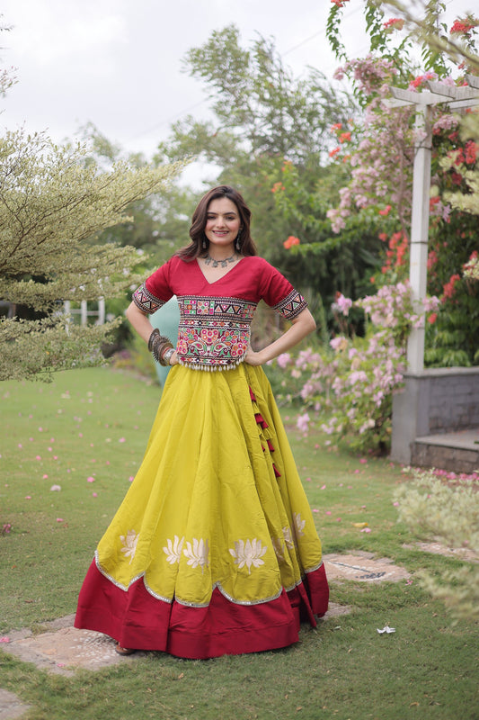 Vibrant Mustard Yellow and Maroon Roman Silk Navratri Lehenga Choli with Kutchi Gamthi Embroidery Work