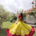 Vibrant Mustard Yellow and Maroon Roman Silk Navratri Lehenga Choli with Kutchi Gamthi Embroidery Work