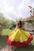 Vibrant Mustard Yellow and Maroon Roman Silk Navratri Lehenga Choli with Kutchi Gamthi Embroidery Work