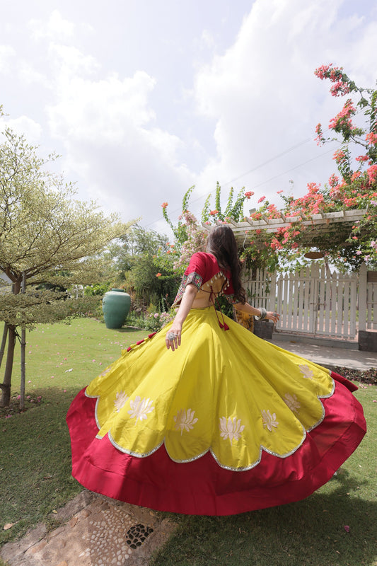 Vibrant Mustard Yellow and Maroon Roman Silk Navratri Lehenga Choli with Kutchi Gamthi Embroidery Work