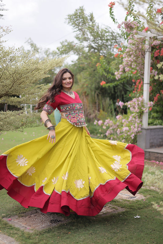 Vibrant Mustard Yellow and Maroon Roman Silk Navratri Lehenga Choli with Kutchi Gamthi Embroidery Work