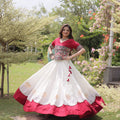Graceful White and Maroon Roman Silk Navratri Lehenga Choli with Kutchi Gamthi Embroidery Work