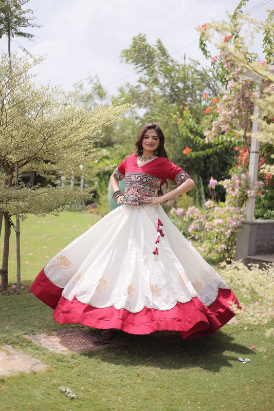 Graceful White and Maroon Roman Silk Navratri Lehenga Choli with Kutchi Gamthi Embroidery Work