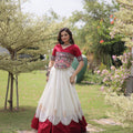 Graceful White and Maroon Roman Silk Navratri Lehenga Choli with Kutchi Gamthi Embroidery Work