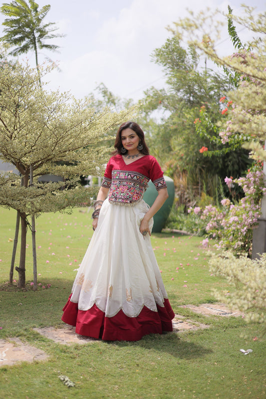 Graceful White and Maroon Roman Silk Navratri Lehenga Choli with Kutchi Gamthi Embroidery Work
