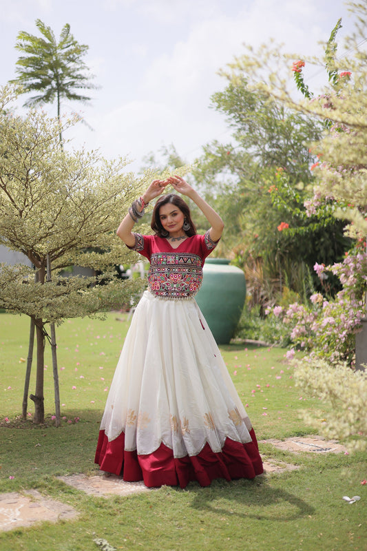 Graceful White and Maroon Roman Silk Navratri Lehenga Choli with Kutchi Gamthi Embroidery Work