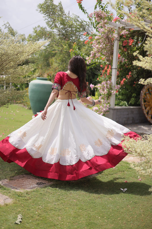 Graceful White and Maroon Roman Silk Navratri Lehenga Choli with Kutchi Gamthi Embroidery Work