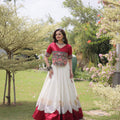 Graceful White and Maroon Roman Silk Navratri Lehenga Choli with Kutchi Gamthi Embroidery Work