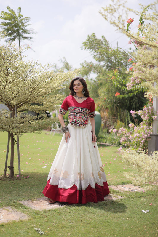 Graceful White and Maroon Roman Silk Navratri Lehenga Choli with Kutchi Gamthi Embroidery Work