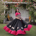 Stylish Black and Rani Pink Roman Silk Navratri Lehenga Choli with Kutchi Gamthi Embroidery Work