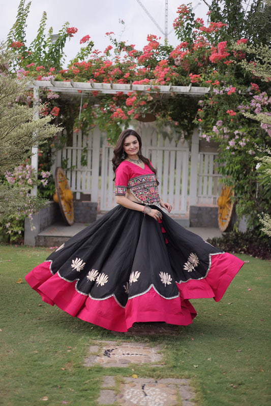 Stylish Black and Rani Pink Roman Silk Navratri Lehenga Choli with Kutchi Gamthi Embroidery Work