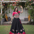 Stylish Black and Rani Pink Roman Silk Navratri Lehenga Choli with Kutchi Gamthi Embroidery Work