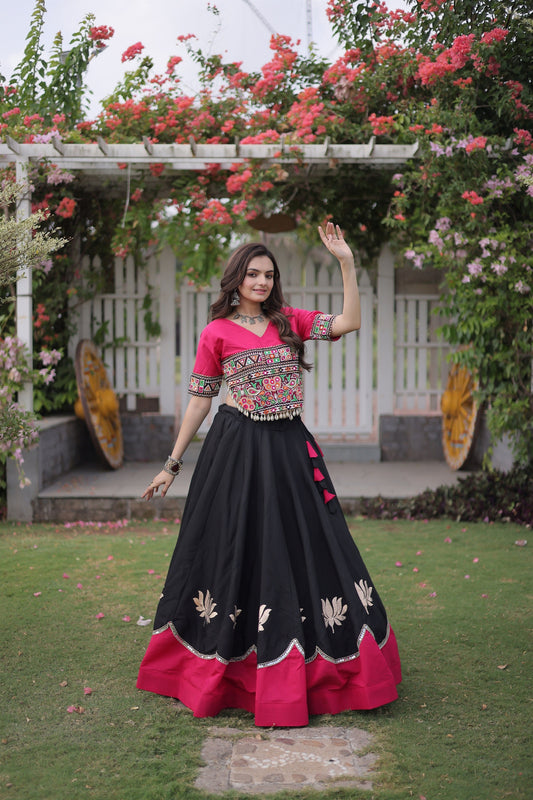 Stylish Black and Rani Pink Roman Silk Navratri Lehenga Choli with Kutchi Gamthi Embroidery Work