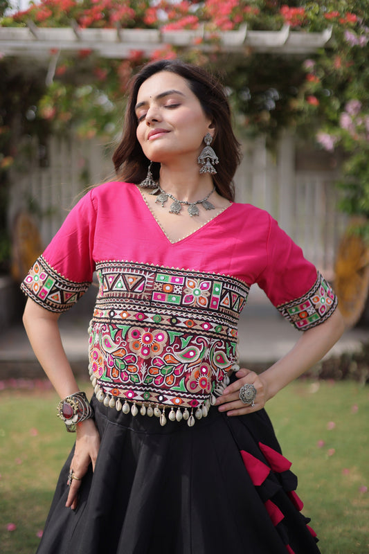 Stylish Black and Rani Pink Roman Silk Navratri Lehenga Choli with Kutchi Gamthi Embroidery Work