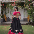 Stylish Black and Rani Pink Roman Silk Navratri Lehenga Choli with Kutchi Gamthi Embroidery Work