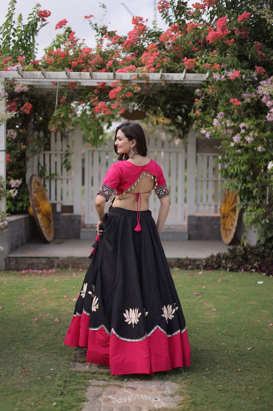 Stylish Black and Rani Pink Roman Silk Navratri Lehenga Choli with Kutchi Gamthi Embroidery Work