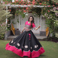 Stylish Black and Rani Pink Roman Silk Navratri Lehenga Choli with Kutchi Gamthi Embroidery Work