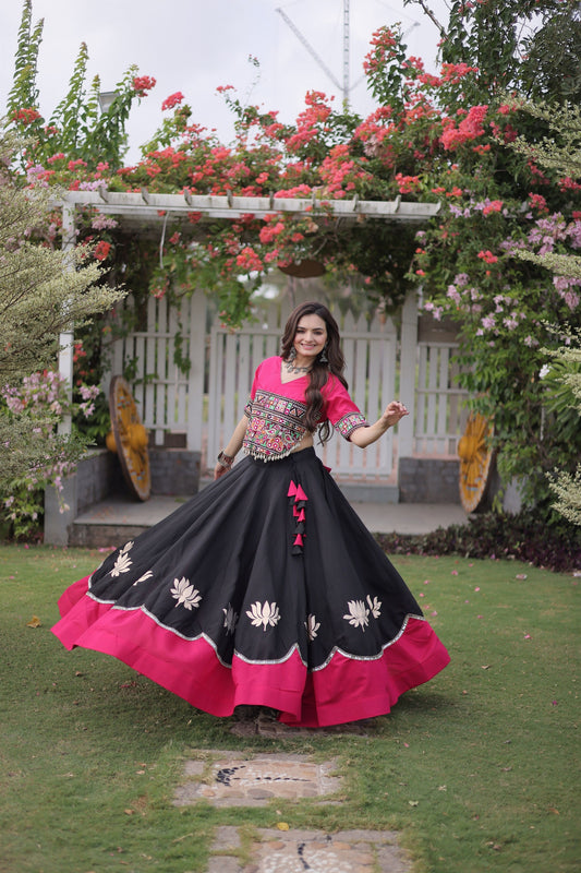 Stylish Black and Rani Pink Roman Silk Navratri Lehenga Choli with Kutchi Gamthi Embroidery Work