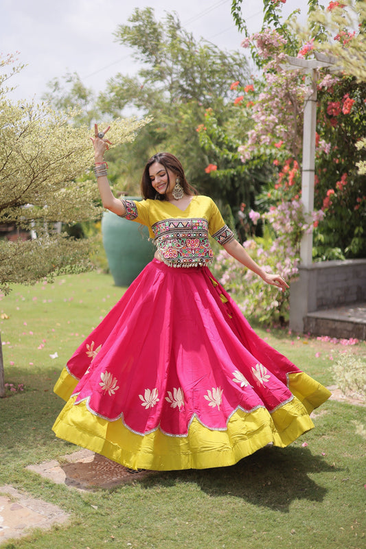 Stunning Rani Pink and Yellow Roman Silk Navratri Lehenga Choli with Kutchi Gamthi Embroidery Work