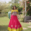 Stunning Rani Pink and Yellow Roman Silk Navratri Lehenga Choli with Kutchi Gamthi Embroidery Work