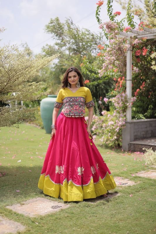 Stunning Rani Pink and Yellow Roman Silk Navratri Lehenga Choli with Kutchi Gamthi Embroidery Work