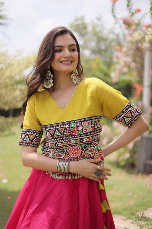 Stunning Rani Pink and Yellow Roman Silk Navratri Lehenga Choli with Kutchi Gamthi Embroidery Work