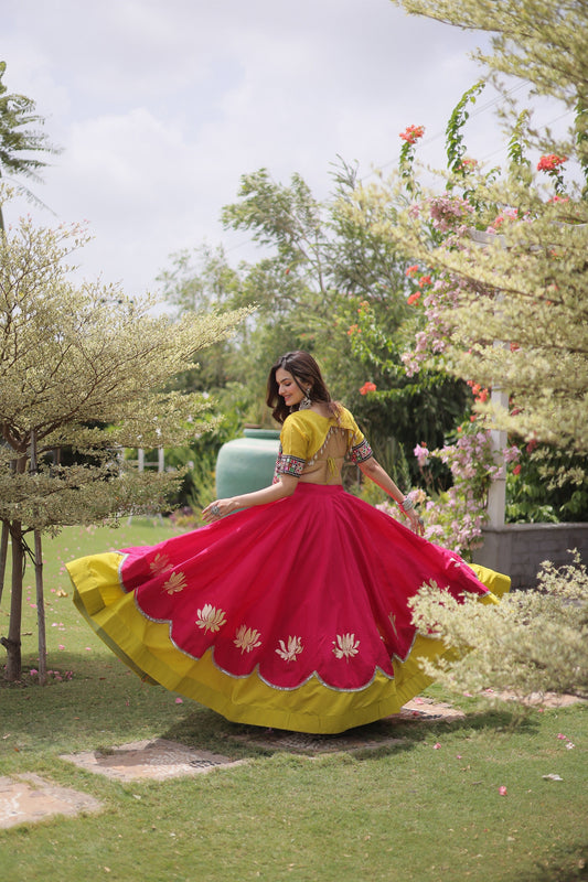 Stunning Rani Pink and Yellow Roman Silk Navratri Lehenga Choli with Kutchi Gamthi Embroidery Work